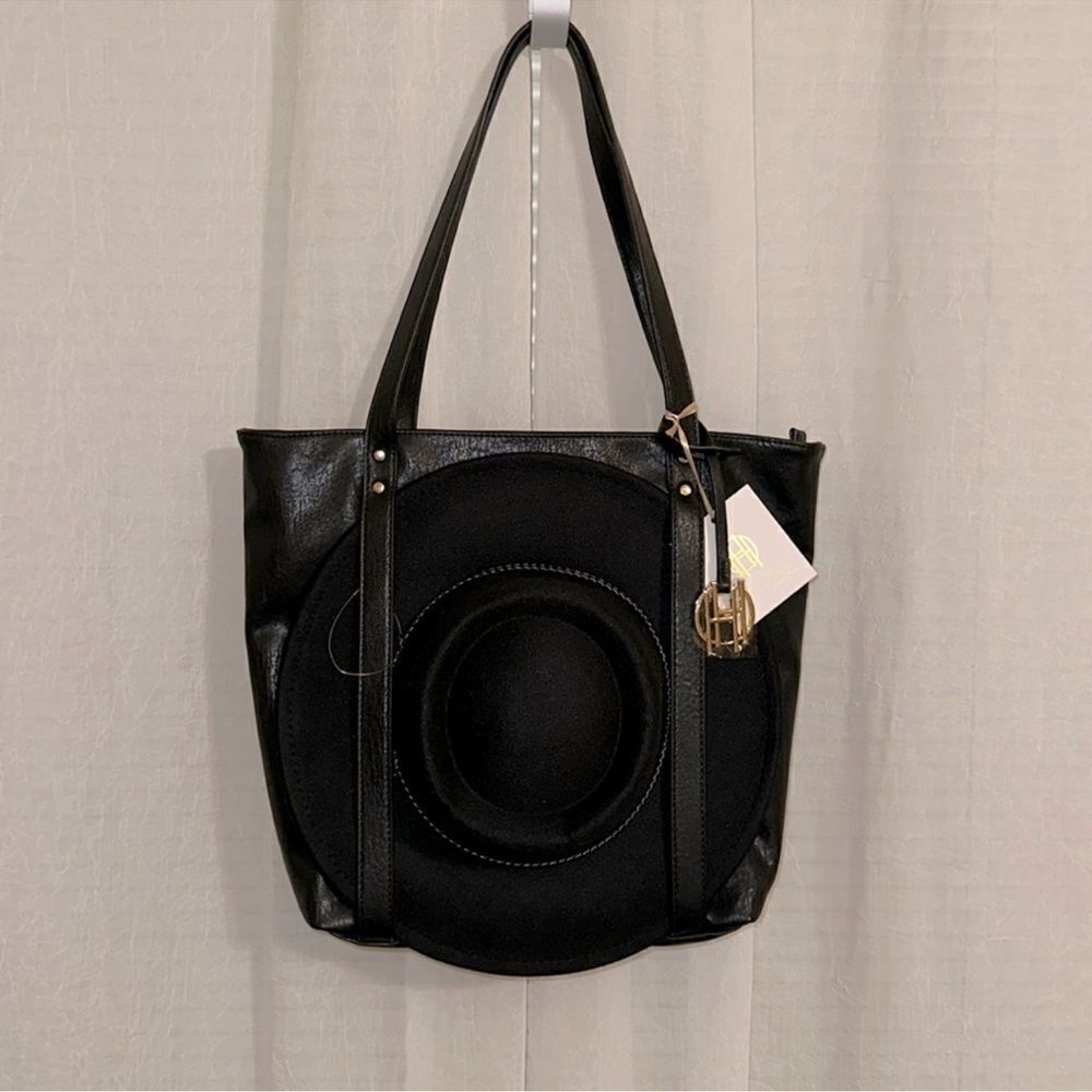 HOH Black 6181 Pleather Tote Bag and Black Fedora Hat Gift Set